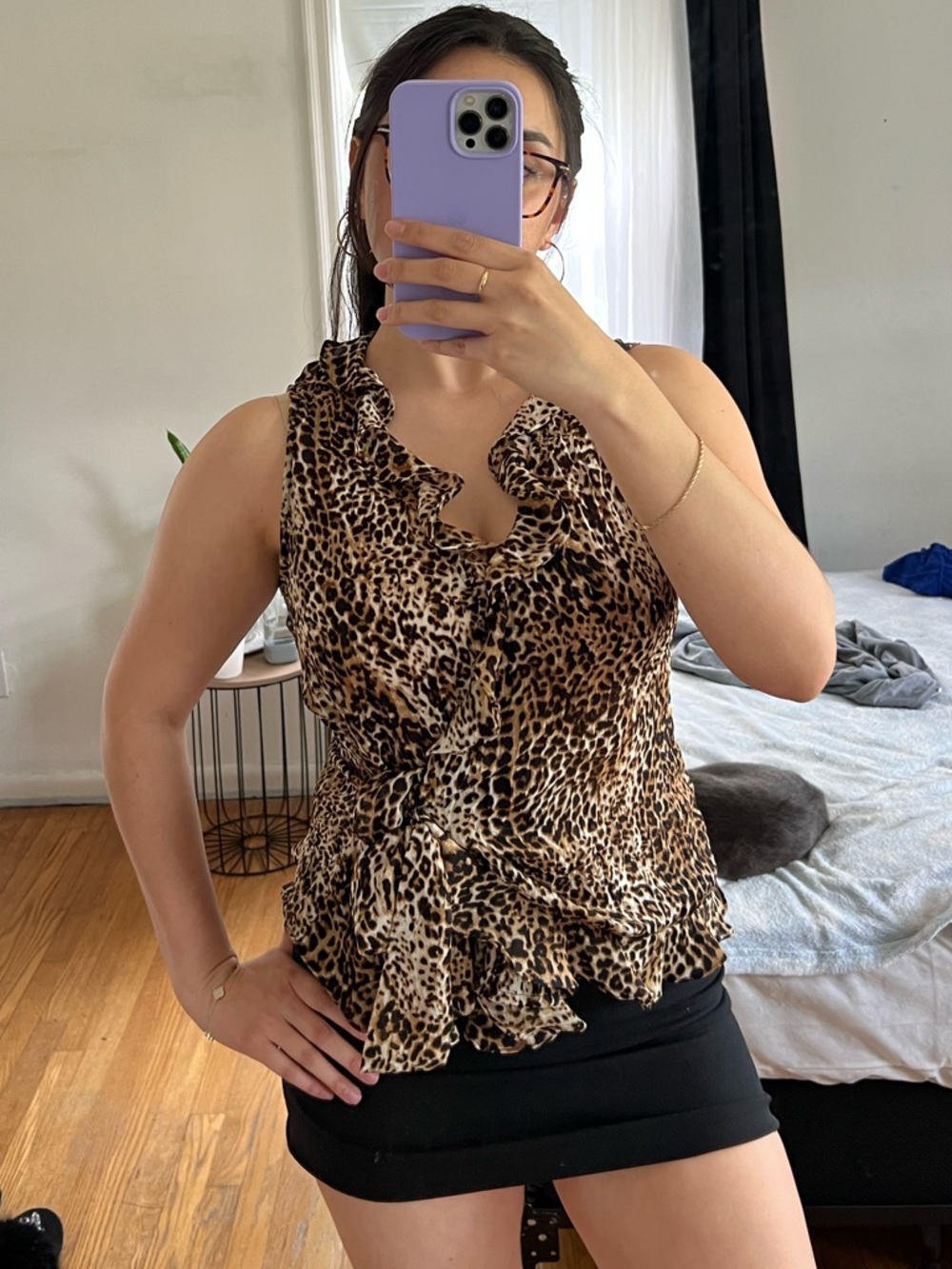 Sleeveless Leopard Print Ruffle Blouse - Brown